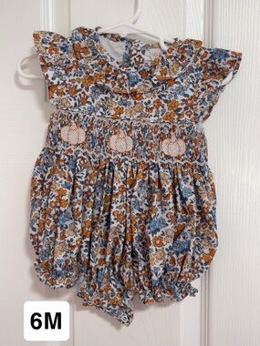 Smocked Floral Baby One-Piece Romper - Blue & Mustard